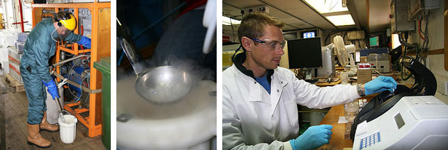 Left and Centre: Flash freezing the pigment samples immediately into liquid nitrogen (which boils at −196°C or higher) after filtering.<br />Right: Running the next batch of pigment (chlorophyll-a) extracts through the fluorometer