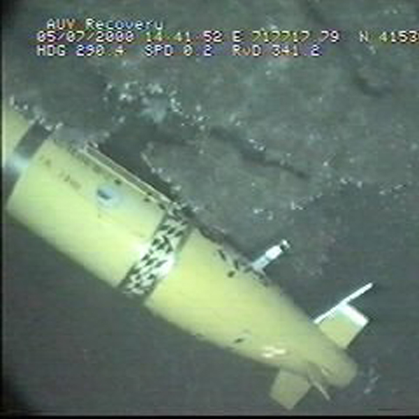 Autosub stuck under an overhang in a subsea cliff