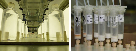 Left: Samples being incubated at different CO<sub>2</sub> levels in the bioassay container. The samples contain an artificially-introduced stable isotope of nitrogen (<sup>15</sup>N) that is scarce in nature and hence can be tracked to see where it goes as a result of microbial activity<br />Right: The amounts of the stable isotope of nitrogen (<sup>15</sup>N) dissolved in the seawater samples in different forms is extracted using these cartridges, for measurement back on shore at a later date
