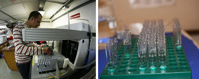 Left: Ross introducing sample tubes into a machine which automatically fills them from the seawater the ship is passing through<br />Right: Small sample tubes ready to be put into the flow cytometer