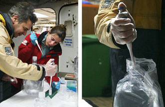 Eric Achterberg and Sophie Richier adjusting the CO<sub>2</sub> level (and acidity) in the bioassay bottles