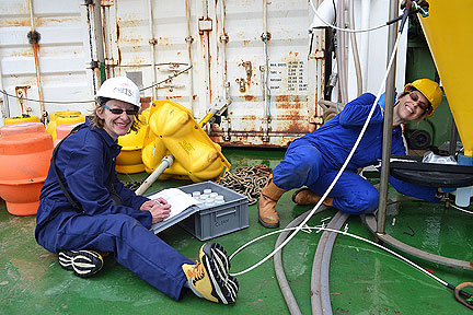 Corinne Pebody and Jackie Pearson working on deck