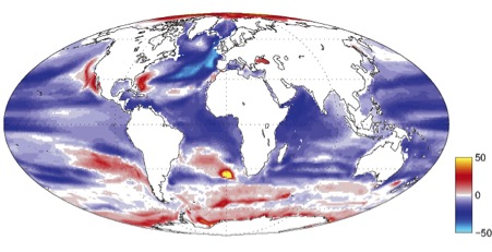 Global map of percentage changes in total seafloor fauna between present day and 2100