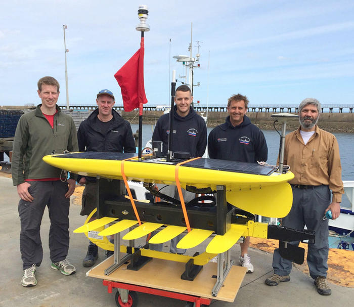 The GNSS-Wave Glider deployment, piloting and recovery team (L to R): Ian Martin, Nigel Penna, Liam Rogerson, Neil Armstrong and Miguel Maqueda