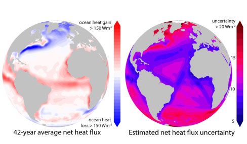 Net heat exchange between the atmosphere and ocean from the NOC V2.0 Surface Flux and Meteorological Dataset; this image is an average based on 42 years of ship observations and comes with estimates of uncertainty that take into account the accuracy of the observations, their density and the natural variability