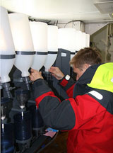 Filtering down the samples; these large volume filtration rigs enable us to collect plenty of material onto the filters