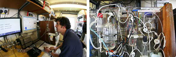 Left: Gareth monitoring the CO<sub>2</sub> instrument via a display<br />Right: Close-up of part of a VINDTA