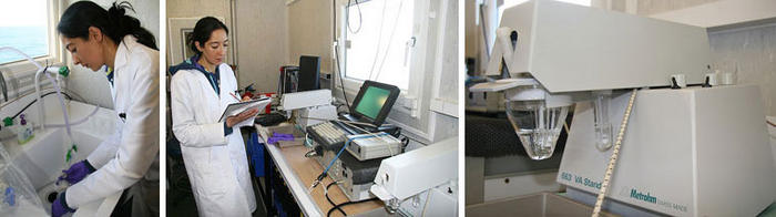 Left: Lizeth filtering water coming in from the “fish”, using only plastic apparatus and wearing plastic gloves<br />Centre: Lizeth in the specially adapted ‘trace metal clean’ container<br />Right: The instrument used to analyze trace metals (voltammeter)