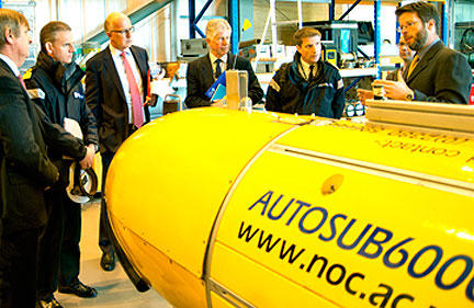 From left: Geraint West (Director of National Marine Facilities, NOC), Commodore Guy Robinson RN (ACOS), Prof Ian Wright (Director of Science & Technology, NOC), Nick Hammond, Captain David Pollock RN (DACOS), Gary Wheeler (Head of Enterprise Office, NOC) and Dr Maaten Furlong (Head of Marine Autonomous Robotic Systems, NOC) pictured during the Royal Navy visit to NOC