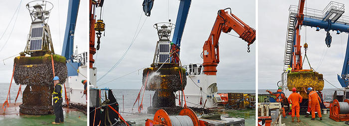Left: We’re gonna need a bigger jet washer... the Met Office’s Adrian Bunting with the barnacle-encrusted PAP 1 ODAS buoy<br />Centre: Paul Provost of NMF’s Moorings Team, is clipped onto the buoy as he jetwashes away the barnacles, before the new sensors are added<br />Right: The ODAS buoy is on the way to being barnacle free!