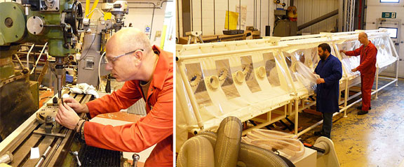 Left: Steve Shorter gets ready to machine a component of the probe sampling system<br />Right: Working on the specially constructed extended isolation tent where the 5.5-metre probe will be assembled and sterilised