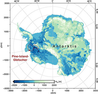 Topographic map of Antarctica with the Pine Island Glacier marked in red (credit: Angelika Humbert, Alfred Wegener Institute)