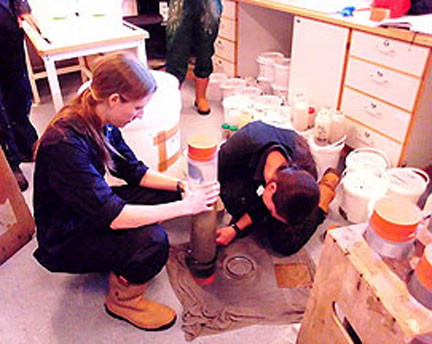 Charlie and Rosanna in the CTD lab processing a sediment core