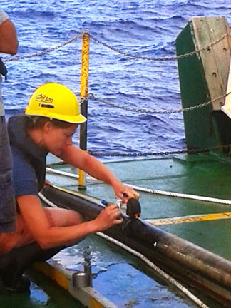 NOC’s Dr Veerle Huvenne measures the sediment core