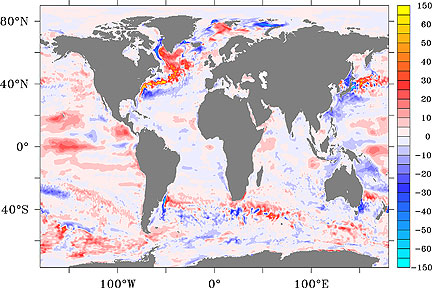 Heat uptake in the North Atlantic: the red areas show where the ocean has been taking up more heat during the global ‘warming hiatus’