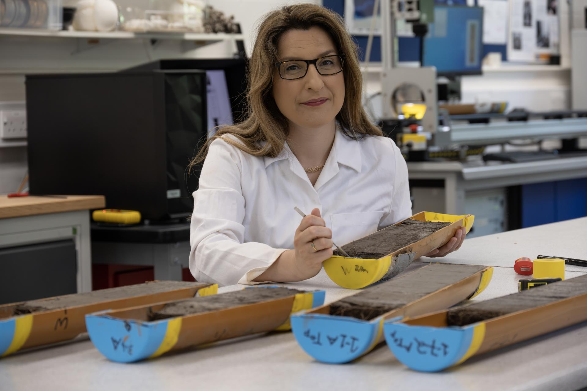 Dr Claire Evans analysing sediment cores stored in NOC’s British Oceanographic Sediment Core Facility 