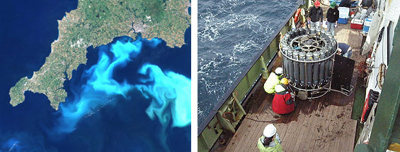 Left: Bloom off Cornwall 1999<br />Right: Collecting water – after a CTD cast the bottles contain water collected from known depths in the water. Note the (allegedly) pale grey colour of the sea in the background as a result of the high coccolith abundance in the water