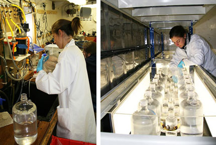 Left: Sophie rinsing the incubation bottles with purified and deionised water after an acid rinse (1% hydrochloric acid) in the chemistry laboratory<br />Right: Back in the container, the 5th and last main bioassay running for 4 days and the ‘mini onesrsquo; (1L and 500 mL bottles) inserted in between the 4.5L bottles for short term incubation periods