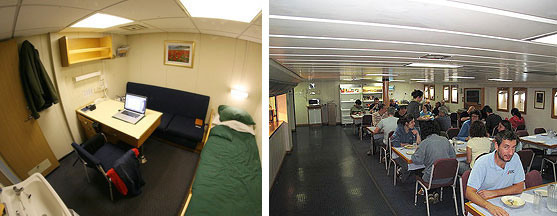 Left: One of the cabins (each scientist has their own)<br />Right: Lunch on the RRS Discovery