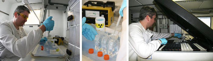 Left and centre: Adding radioactive 14-carbon to seawater samples (Geiger counter in background)<br />Right: Putting samples into the scintillation counter (to measure their radioactivity, i.e., their 14-carbon content)