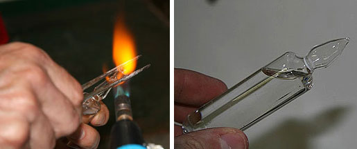 Left: Eric using a blow-torch to melt the end of an ampoule. Right: A sealed, finished ampoule