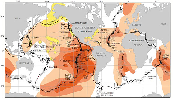 Map showing the distribution of active seafloor massive sulphide deposits (Photo courtesy of NOC)