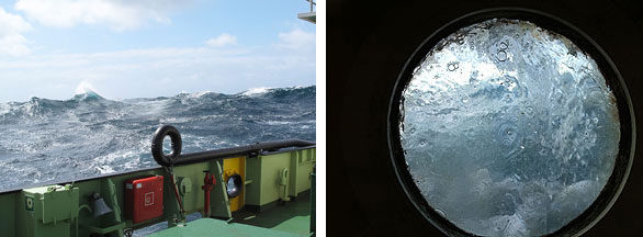 Left: A big wave off the aft deck<br />Right: Wave washing over a porthole