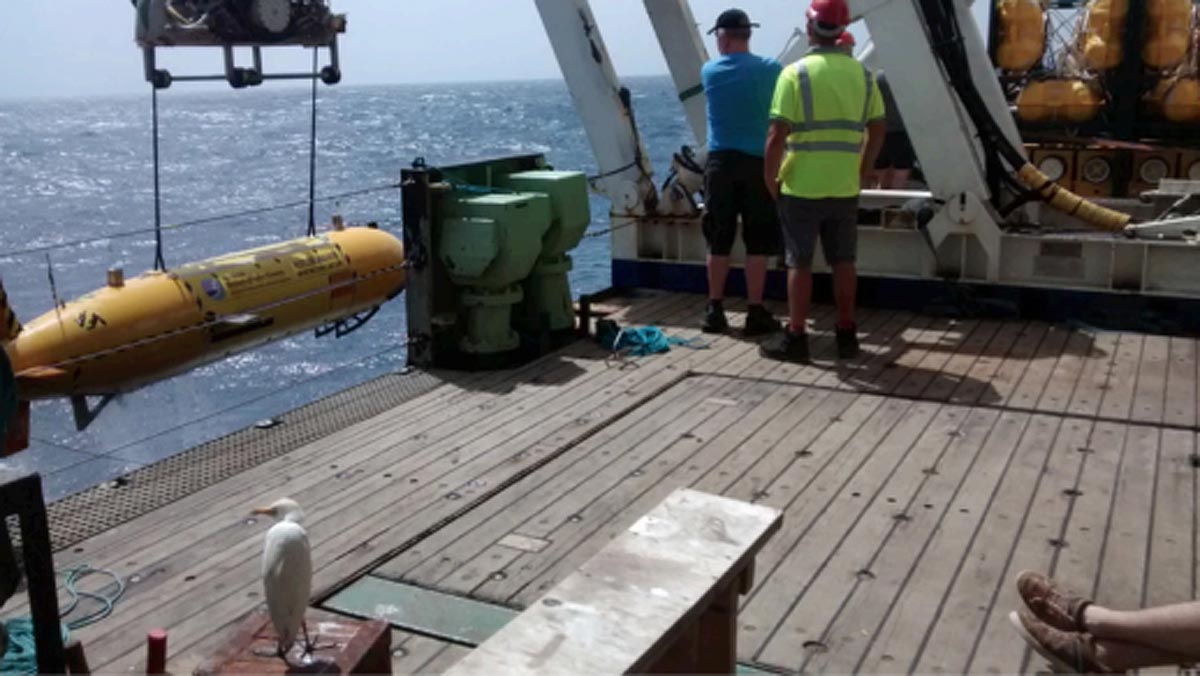 Autosub suspended from the LMS and ready to launch from the RRS James Cook.