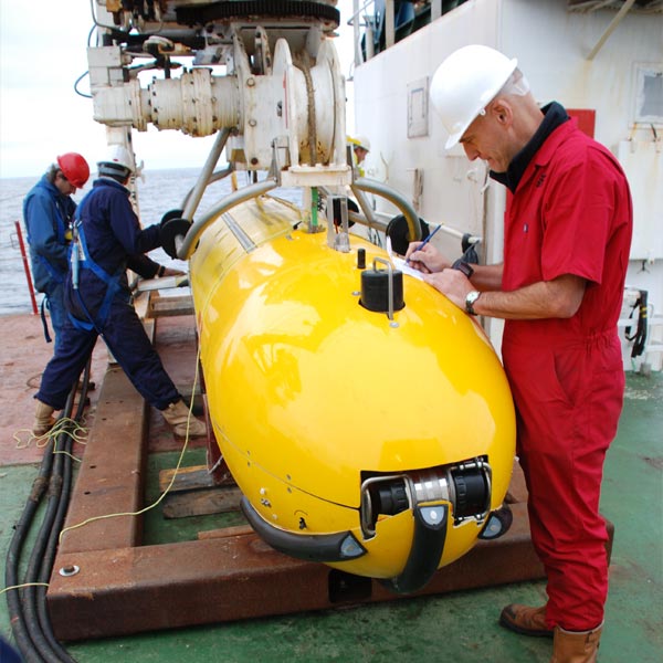 Autosub6000 being prepared on deck for its next mission.