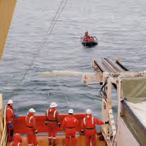 Launch and recovery from the RV Nathaniel B. Palmer used a support boat.