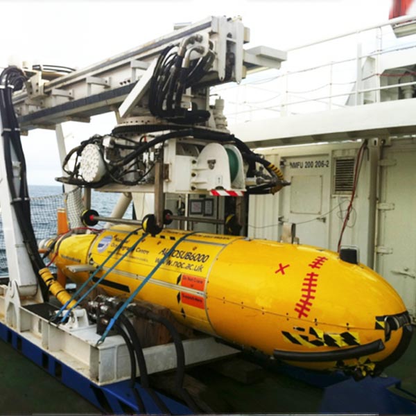 Autosub6000 on deck in the Launch And Recovery System (LARS).