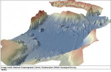3D render of bathymetry of the Anak Krakatau megablocks facing NE at the landslide