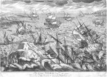 Image: A depiction of Admiral Beaumont's Royal Navy Squadron that was lost off Goodwin Sands during the severe storm of 1703.