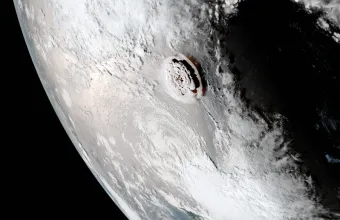 The eruption of the Hunga Tonga-Hunga Ha’apai volcano from above. Image credit: NASA