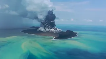 The Hunga volcano eruption the day before the main explosions. Image: Taaniela Kula, Tonga Geological Services