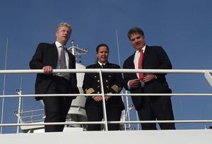 Jo Johnson MP, Science Minister, with Captain Jo Cox and Prof. Ed Hill on RRS Discovery