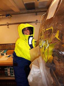 Laura Hepburn wrapped up warm and working on her sediment samples