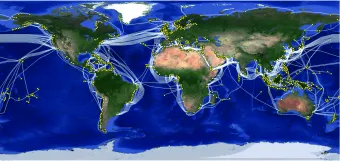 Global distribution of subsea cables and landing stations analysed in the paper, based on database of Telegeography (2022). Background topography: Google Earth.