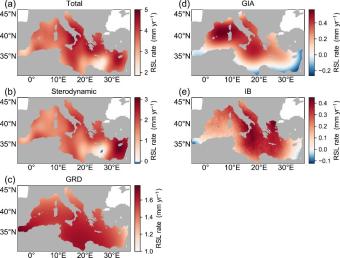 Pattern of relative sea level (RSL) rates, 2000–2018, estimated by the Bayesian hierarchical model (BHM). a) Total RSL including inverse barometer (IB) effect, and contributions from: b) Sterodynamic changes, c) Gravitational, rotational, deformation effects, and d) Glacial isostatic adjustment, with e) The contribution from the IB effect (computed outside the BHM).