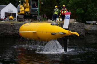 Ocean robot ALR1500 being raised from Loch Ness after a commissioning trial 