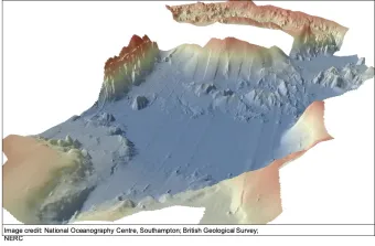 3D render of bathymetry of the Anak Krakatau megablocks facing NE at the landslide