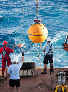 Deploying a new replacement mooring – scientists will extract the data when it is recovered later (courtesy of Ben Moat)