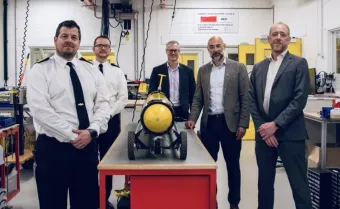 L-R: Captain Jim Lovell - Navy Develop - Head of Underwater Battlespace Capability, Commander Mark Butcher - Navy Develop - Hydrographic, Meteorology and Oceanographic Capability Sponsor, Jon Godsell, Maritime Systems Programme Manager, Dstl, NOC CEO Dr John Siddorn, and Andy Liddell, Head of Maritime Unmanned System, SALMO and Boats, Defence Equipment & Support (DE&S).