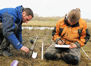Collecting core samples from a salt marsh on the Newtown Estuary on the Isle of Wight (photo courtesy of Margot Saher)