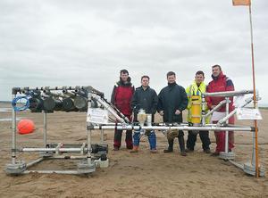 The SEDbed frame with members of the deployment team (from left: Terry Doyle, Ben Moate, Richard Cooke, Danny McLaughlin, Emlyn Jones)