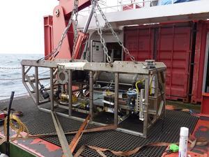 SHRIMP (Seabed High Resolution IMaging Platform) is towed near the seafloor and the video fed back to the control van aboard the ship