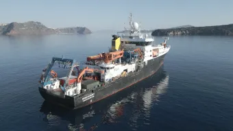 RRS Discovery during the ground breaking expedition in Santorini and Kolumbo. Image credit: National Oceanography Centre