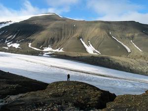 Nordenskiöldfjellet sampling location (the distant hillside) beyond Longyear Glacier, Spitsbergen
