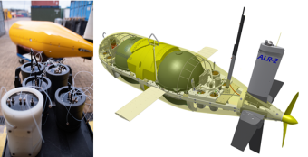 Left: Lab-On-Chip chemical sensors (foreground) with Autonomous Underwater Vehicle (submarine) Autosub Long Range behind. Right: CAD model showing Autosub Long Range with seven Lab-On-Chip nutrient sensors in the nose and four Lab-On-Chip and one electrochemical sensor for the ocean carbonate (CO2) system at the stern.