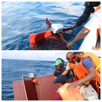 Top: Testing the drifter buoyancy ahead of release. Bottom: IMS and Pemba Fisheries personnel deploy the first of the drifters
